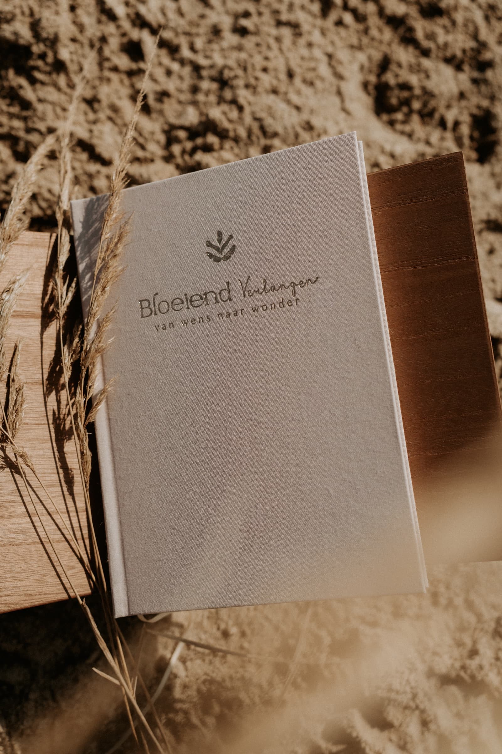 Voorkant van het dagboek Bloeiend Verlangen op een houten plank op het strand